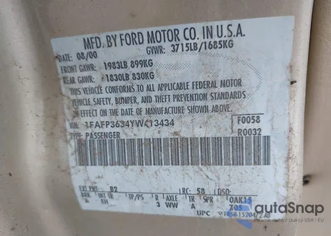 2000 Ford Focus Se z USA, uszkodzony, nr VIN 1FAFP3634YW413434